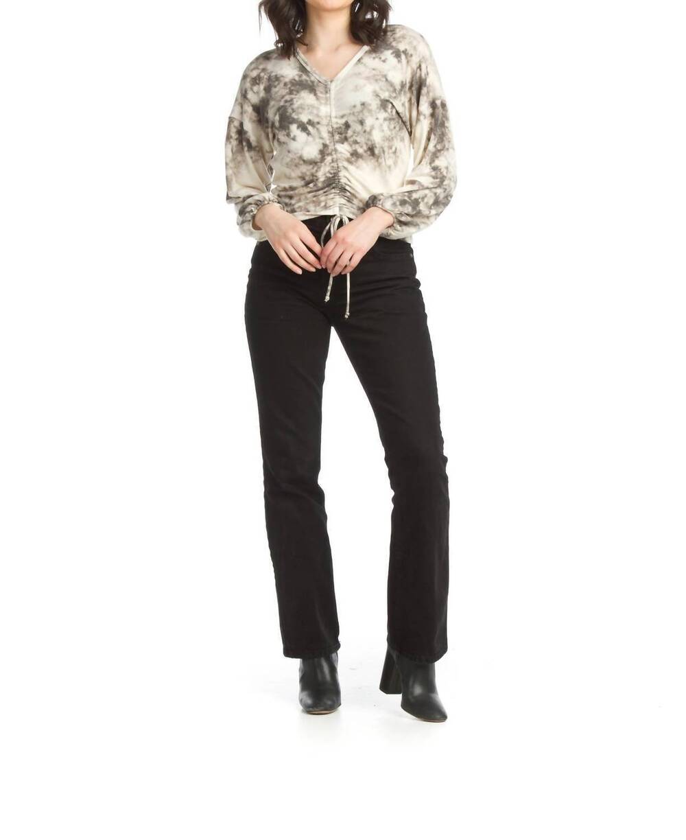 NEW PAPILLON tie dye ruched drawstring top in black/beige